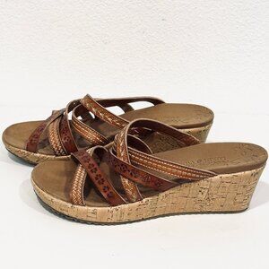 Skechers Beverlee Tiger Posse Sandal Cork Wedge Brown Strappy Luxe Foam Size 7.5
